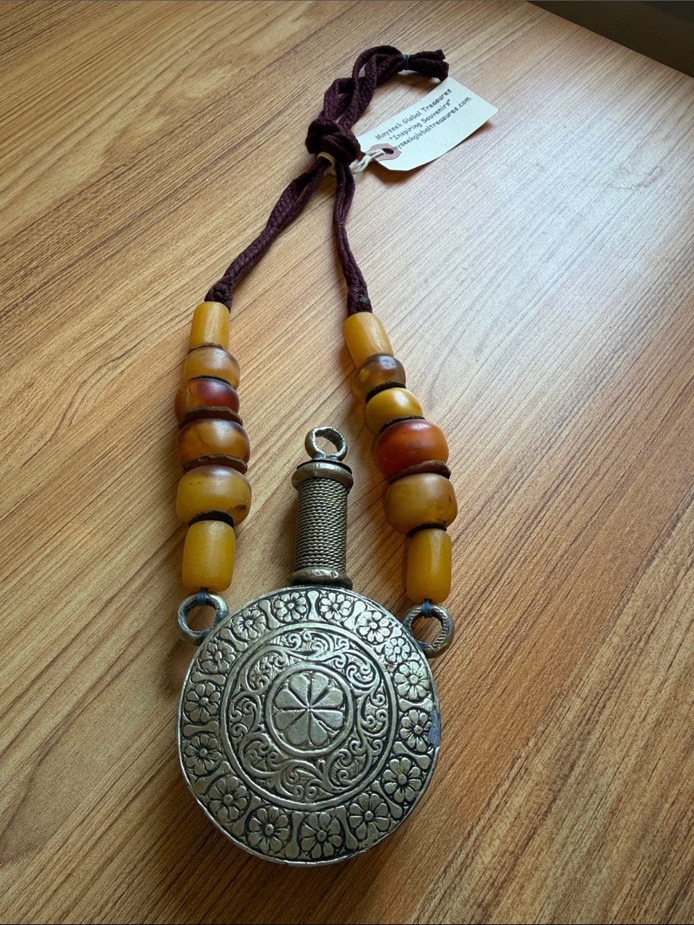 Ornate Silver-Tone Pendant Necklace with Amber Beads